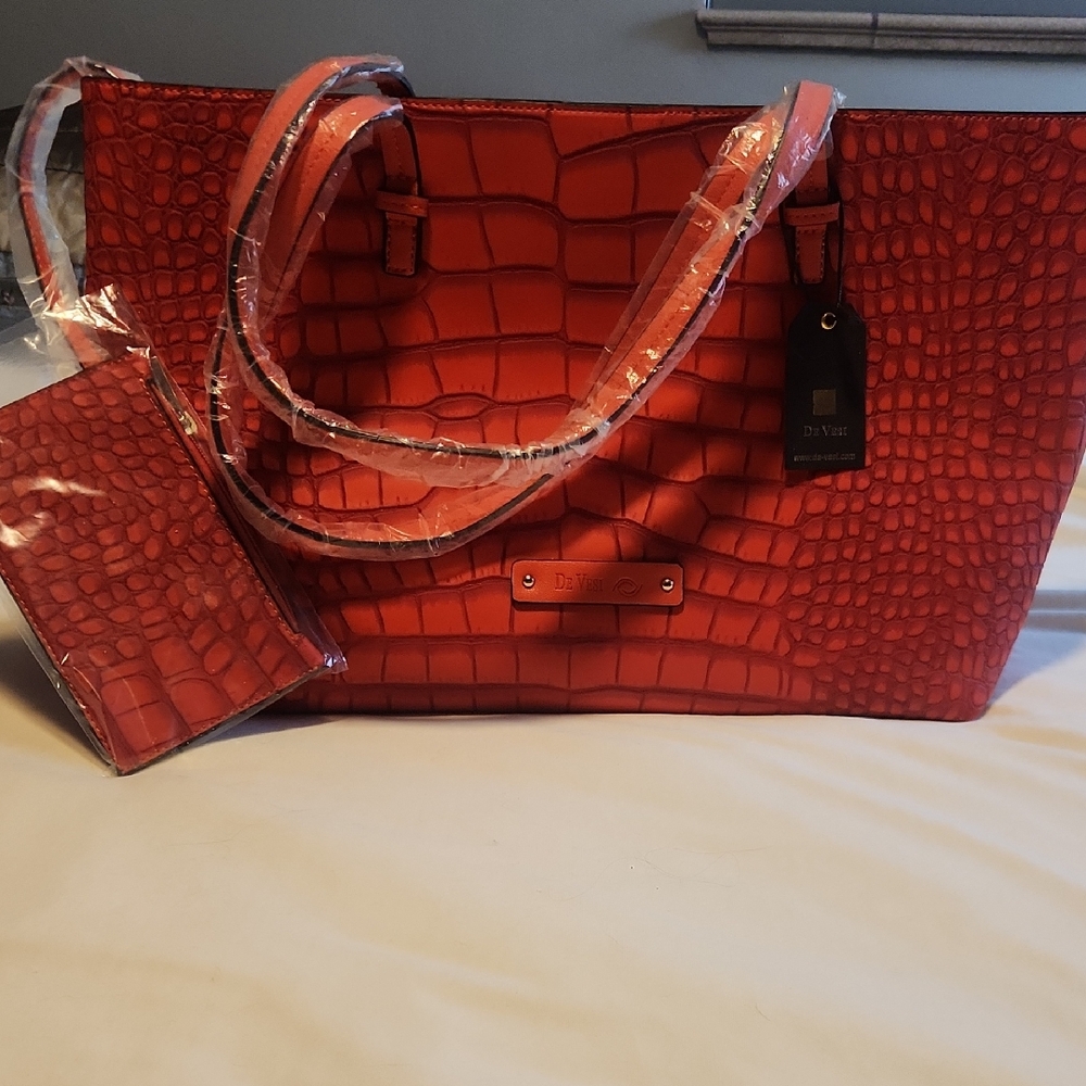 Red Crocodile Embossed Tote Bag